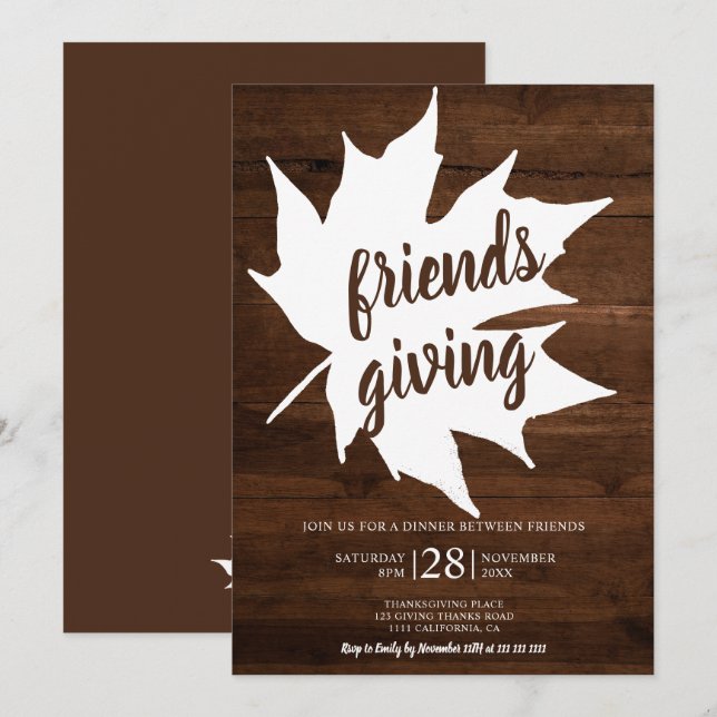 Invitation Grâces à feuilles d'érable en bois brun rustique (Devant / Derrière)