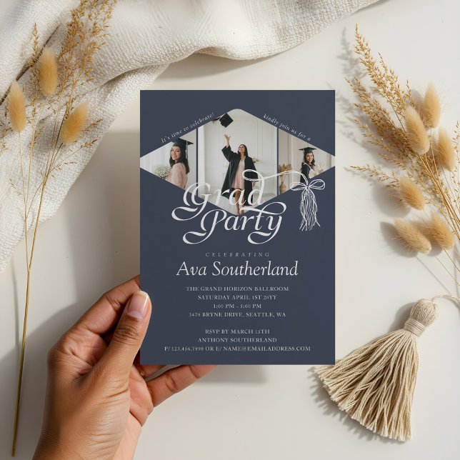 Invitation Grad Casquette Bow Tassel Photo Collage Graduation (Grad Cap Bow Tassel Photo Collage Graduation Party Invitation)