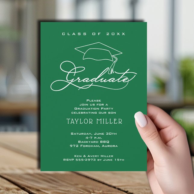 Invitation Grad Casquette Green Graduation Party (Elegant white script and grad hat green graduation party invitations)