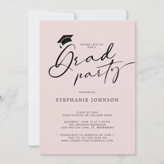 Invitation Grad Casquette moderne Calligraphie Blush Graduati (Devant)