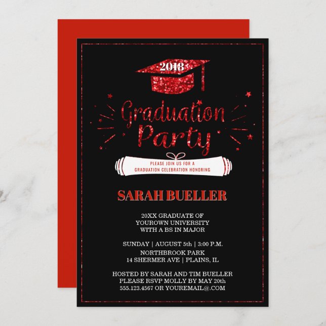 Invitation Grad Casquette Red Parties scintillant 2018 Gradua (Devant / Derrière)