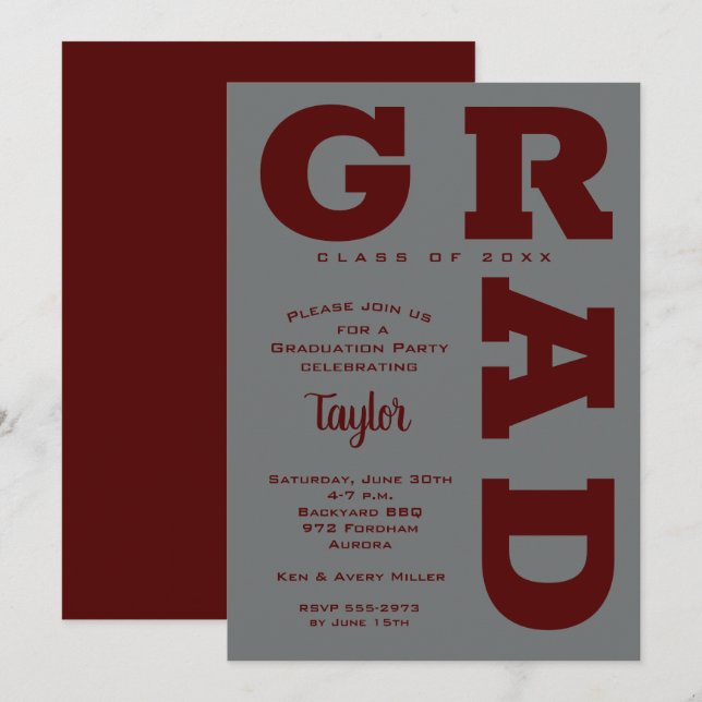 Invitation GRAD Dark Maroon sur Grey Graduation (Devant / Derrière)