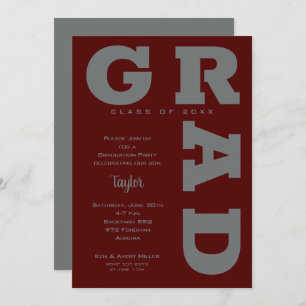 Invitation GRAD Grey sur Dark Maroon Graduation