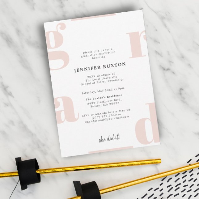 Invitation Grad Moderne Chic Blush Pink Graduation Party (Créateur téléchargé)