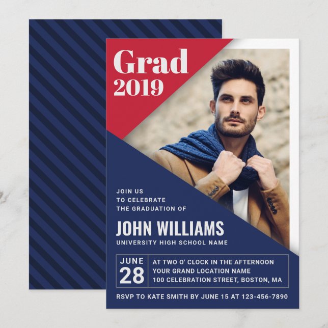 Invitation GRAD Moderne Rouge Bleu Blanc Photo Graduation (Devant / Derrière)