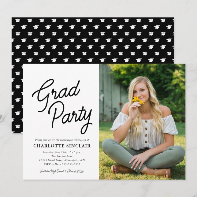 Invitation Grad Party Script photo Graduation (Devant / Derrière)