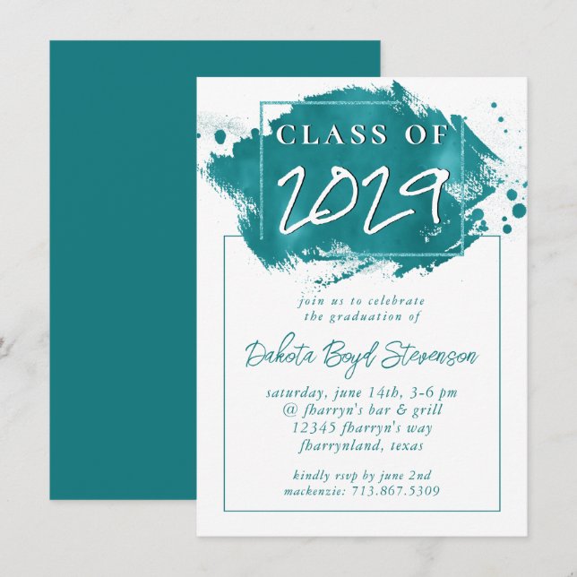 Invitation Grad peint | Turquoise Splatter Brushstroke Party (Devant / Derrière)