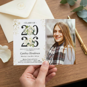 Invitation Grad Photo 2025 Green White Floral Graduation