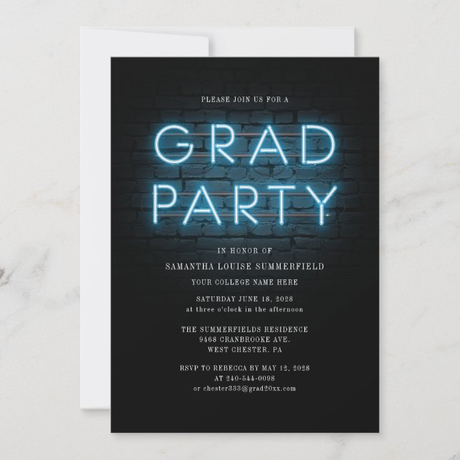 Invitation Grad Photo Bleu Néon Signé Parti de Graduation (Devant)