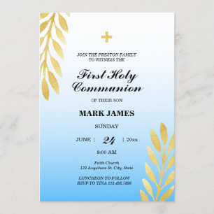 Invitation Gradient bleu et Feuilles d'or Première communion