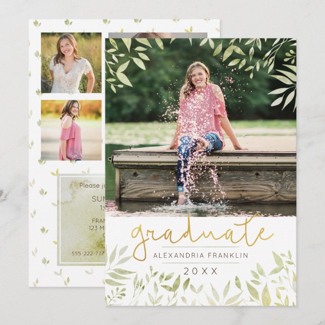 Invitation Graduate Botanical Gold Foil Green 4 Photo (Devant / Derrière)
