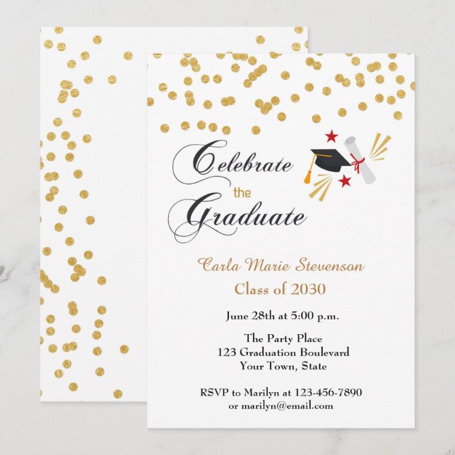 Invitation Graduate Celebration Gold Confetti (Devant / Derrière)