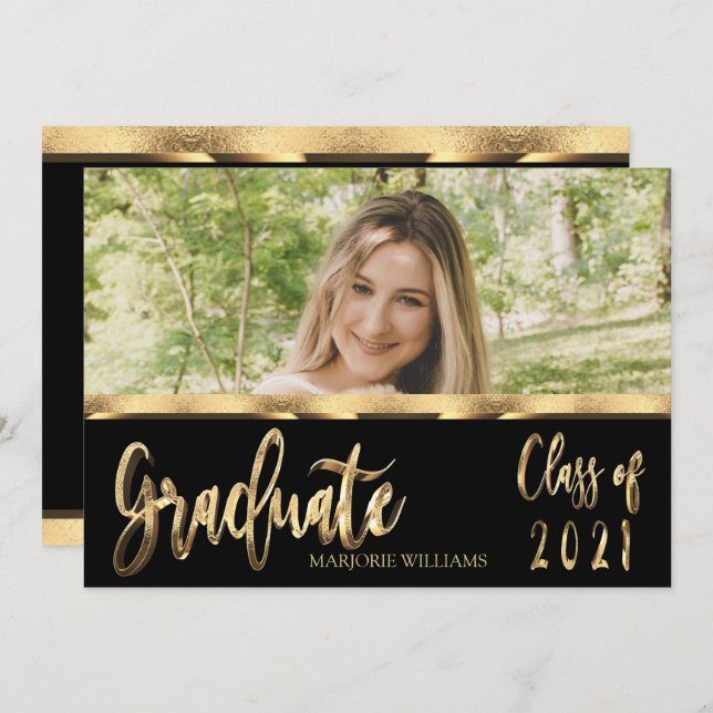 Invitation Graduate Class of 2021 Black and Gold Script (Devant / Derrière)