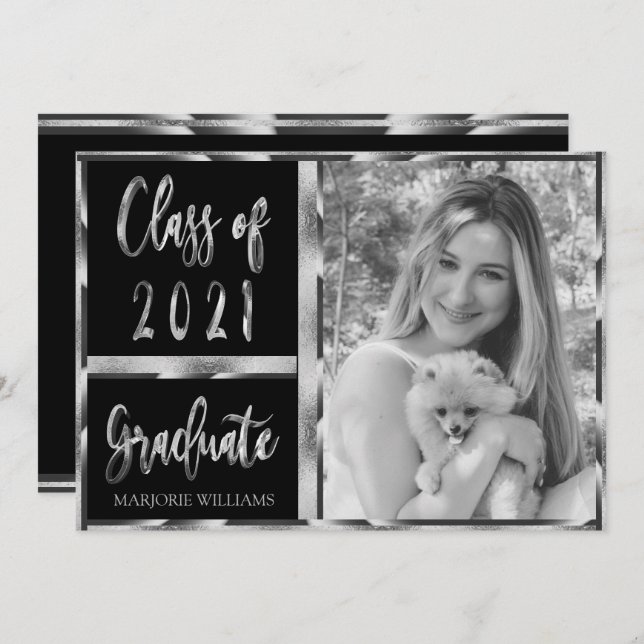 Invitation Graduate Class of 2021 Black and Silver Script (Devant / Derrière)