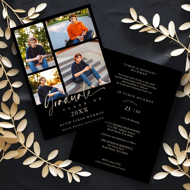 Invitation Graduate Modern Black Trendy Collage 4 Photos  (Black Trendy Collage 4 Photos Modern Graduate Invitation Card for Ceremony and Party. )