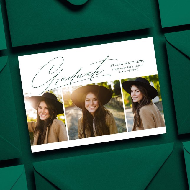 Invitation Graduate trois photo simple vert graduation (Créateur téléchargé)