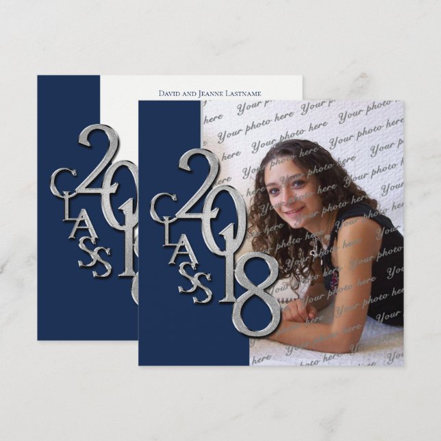 Invitation Graduation 2018 Marine Bleu et argent (Devant / Derrière)