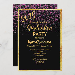 Invitation Graduation 2019 parti chic noir confetti or