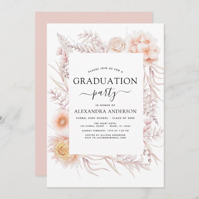 Invitation Graduation 2023 Boho Chic Dusty Pink Desert (Devant / Derrière)