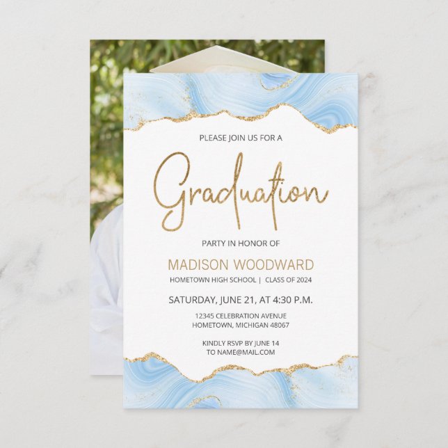 Invitation Graduation 2024 Photo Pastel Blue Agate (Devant / Derrière)
