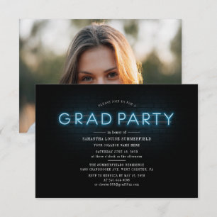 Invitation Graduation 2025 Blue Neon Photo Grad Party