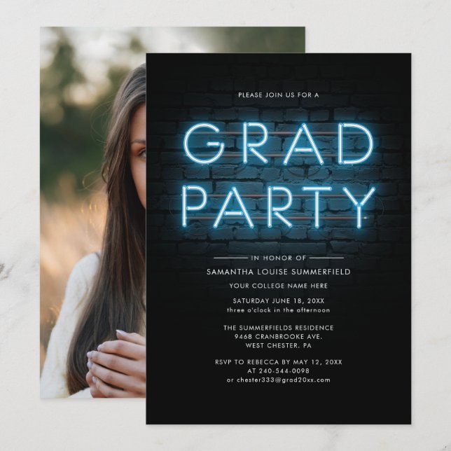 Invitation Graduation 2025 Grad Photo Blue Neon Party (Devant / Derrière)