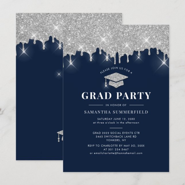 Invitation Graduation 2025 Parties scintillant Grad Navy Blue (Devant / Derrière)