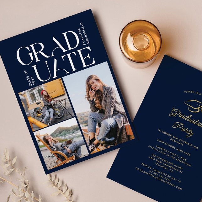 Invitation Graduation 2025 Photo Collage Navy Blue Grad Party (Créateur téléchargé)