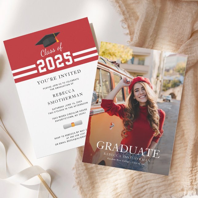 Invitation Graduation 2025 Photo Party (Graduation 2025 Party Red White Vertical Party Invitation)