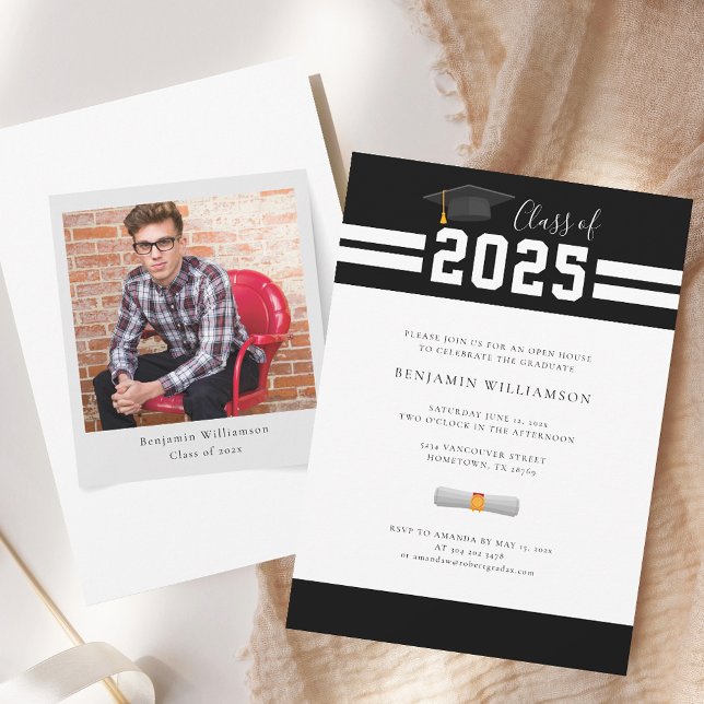 Invitation Graduation 2025 Script Grad Photo (Graduation 2025 Grad Photo Party Black and White Invitation)