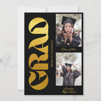 Invitation Graduation 2 Photo Black and Gold Announcement