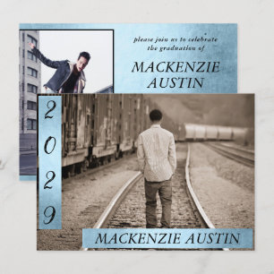 Invitation Graduation 2 Photo   Blue Faux Metallas Keepsaké