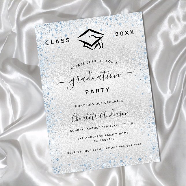 Invitation Graduation argent bleu clair parties scintillant s (Créateur téléchargé)