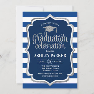 Invitation Graduation - Argent Marine Bleu Bleu Blancs