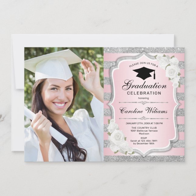 Invitation Graduation avec photo - Argent Rose (Devant)