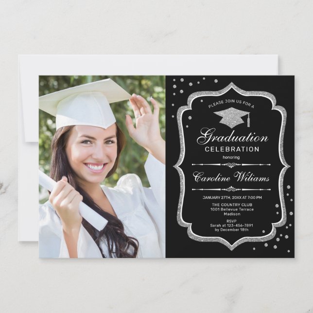 Invitation Graduation avec photo - Black Silver (Devant)