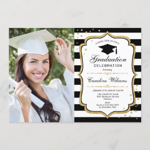 Invitation Graduation avec photo - Black White Gold