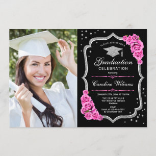 Invitation Graduation avec photo - Noir Argent Rose