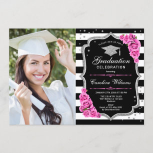 Invitation Graduation avec photo - Noir d'argent rose