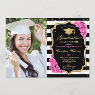 Invitation Graduation avec photo - Noir d'or rose