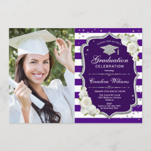 Invitation Graduation avec photo - Silver Purple Blanc