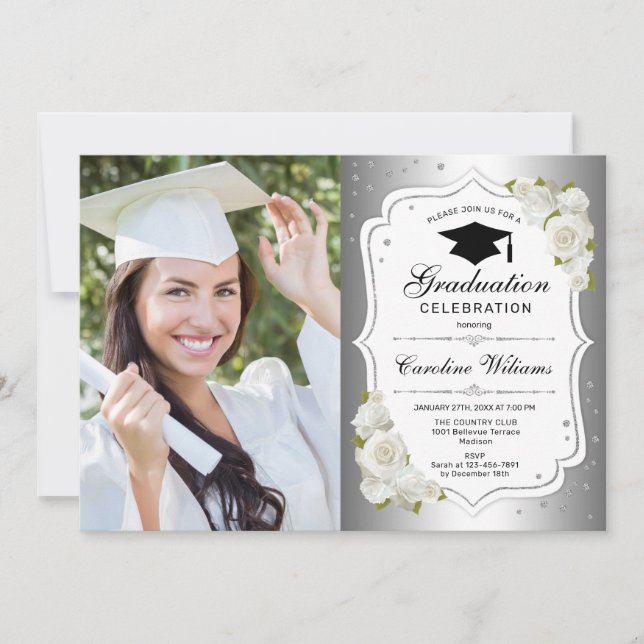 Invitation Graduation avec photo - Silver White (Devant)
