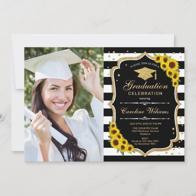 Invitation Graduation avec photo - Sunflower Black Gold (Devant)