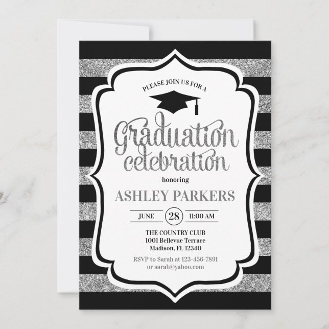 Invitation Graduation - Bandes d'argent noir (Devant)