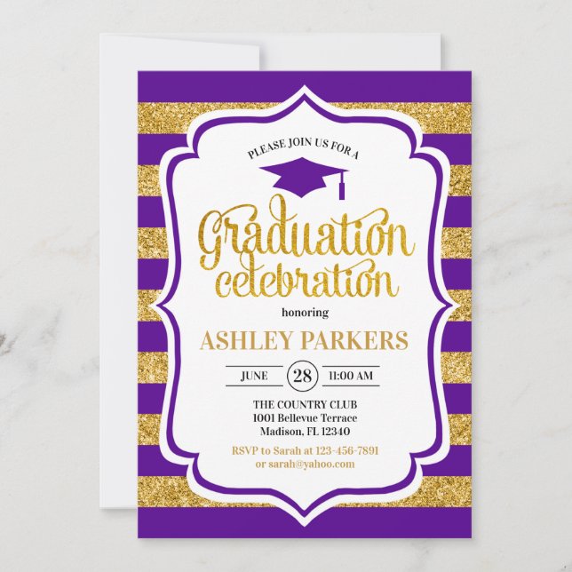 Invitation Graduation - Bandes d'or violet (Devant)