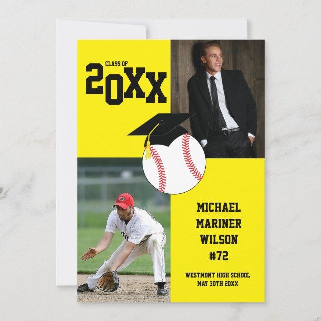 Invitation Graduation Baseball Sport Photo Jaune (Devant)