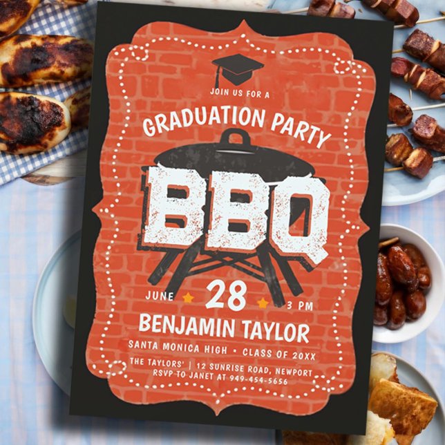 Invitation Graduation BBQ Party Jardin mur rustique extérieur (male high school graduation party ideas bbq party invitations college grad rustic backyard outdoor)