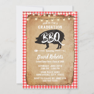 Invitation Graduation BBQ Party Vintage Red Plaid Chalkboard