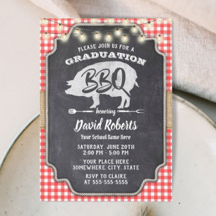 Invitation Graduation BBQ Rustic Chalkboard Rouge En vichy