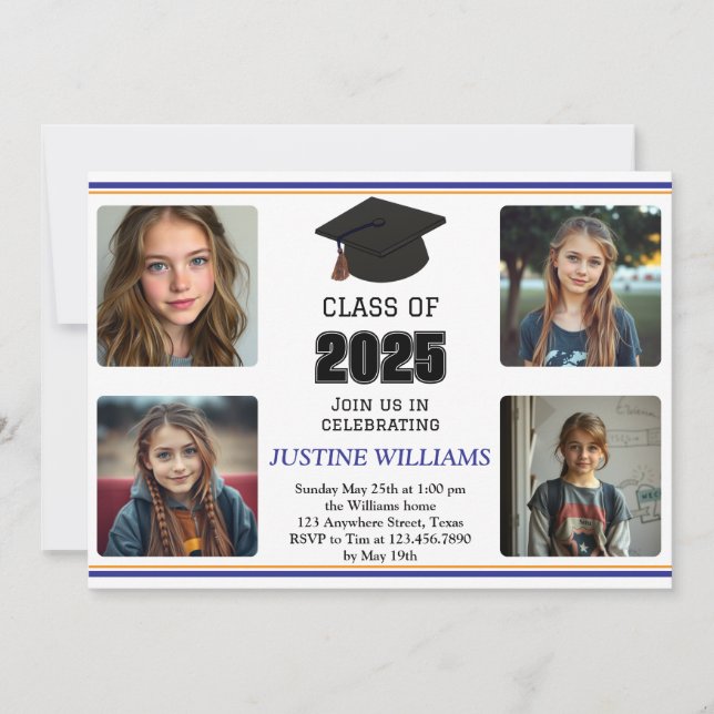 Invitation Graduation bleu et orange (Devant)